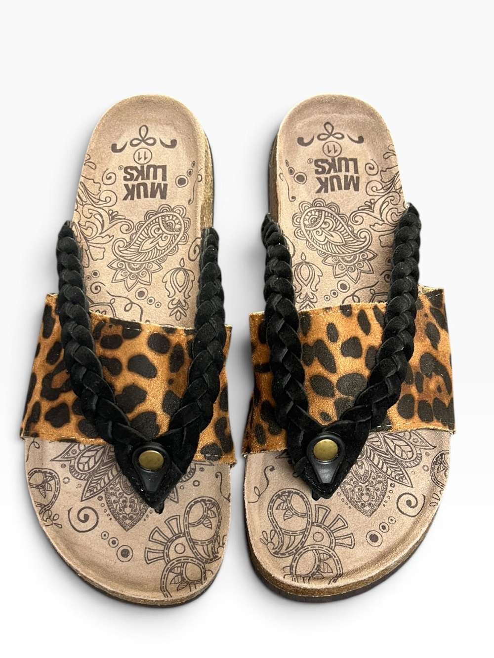 Muk Luks Tan Black Leopard Print Sandals Size 11